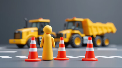 A toy figure stands between traffic cones, with construction vehicles in the background, representing roadwork safety.