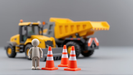 A construction scene featuring a toy figure, traffic cones, and a yellow dump truck, emphasizing safety and machinery.