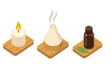 Spa and aromatherapy isometric icon set. Vector illustration of scented candle, essential oil diffuser, and cosmetic bottle for relaxation, wellness, and beauty treatments.