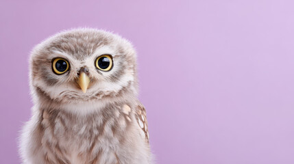 Fototapeta premium Adorable close-up of a young owl with wide eyes against a soft purple background