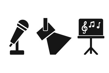 Singing performance solid icon set. Music concert stage elements. Vector microphone, spotlight, and music stand with notes. Live show, karaoke, voice recording, entertainment.