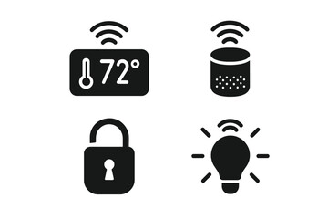 Smart home vector icon set. Solid glyph icons for home automation. Includes smart thermostat, speaker, security lock, lightbulb. Internet of Things (IoT) concept symbols.