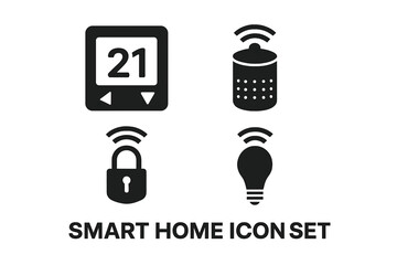 Smart home icon set. Solid filled glyph icons for house automation system. Vector illustration of smart devices like thermostat, speaker, lock, and light. IoT concept symbol.