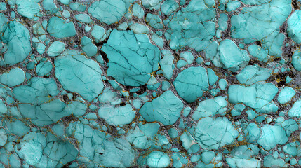 Close up macro view of a textured turquoise stone with intricate natural patterns and veins creating a vibrant blue green abstract background