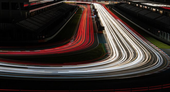 Long exposure light trails of race cars on a motorsport circuit at night showing speed and motion.