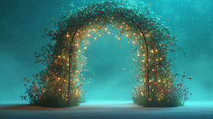 Enchanting garden arch illuminated with soft glowing lights, set against a soothing teal background, magical ambiance, high detail, vibrant colors, professional composition, clean and crisp