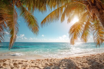 Sunny tropical beach with palm leaves overlooking calm waves and glowing sunlight during a tranquil midday at a serene coastal destination
