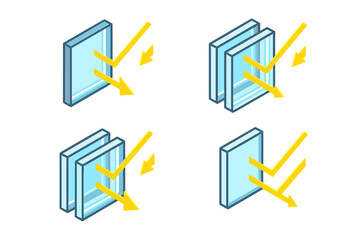 Solar reflective glazing icons set. Isometric vector of double pane window glass for heat control. Low-e technology for energy efficiency, UV protection, and home insulation.
