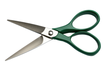 Quality school scissors with green handles open against a plain background for crafting and educational activities at home or in classrooms