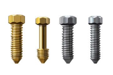 Collection of bolts with various finishes on a transparent background highlighting structural hardware variations and design nuances