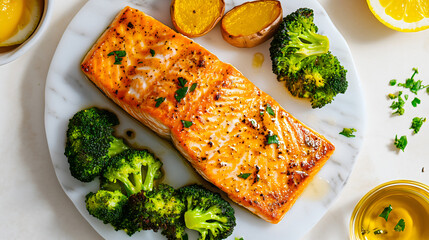 Top view of roasted salmon meal with broccoli and sweet potato on marble plate, concept of healthy, balanced gourmet diet for weight loss and Noom plan.