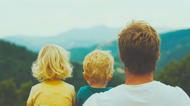 Single father with son and daughter looking at mountain horizon. Authentic moment of family bond, parental guidance, and vision for the future, legacy and mindful travel in nature.