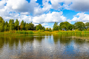 Park Civali Tivali pond lake nature and forest in Minsk Belarus.