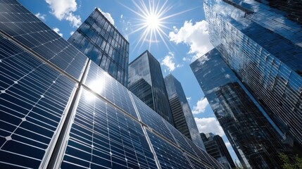 Fototapeta premium A stunning view of solar panels reflecting sunlight, surrounded by modern skyscrapers under a bright blue sky.