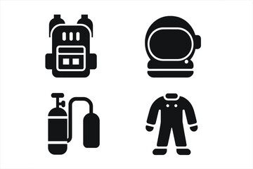 Space travel icon set. Solid glyph vector icons of astronaut essentials. Spaceman equipment including helmet, spacesuit, oxygen tank, and life support backpack. Cosmos exploration.