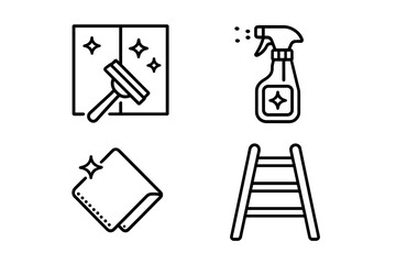 Obraz premium Window and glass cleaning line icon set. Vector outline symbols for housekeeping service. Household chores equipment. Squeegee, cleaner spray bottle, microfiber cloth, ladder.
