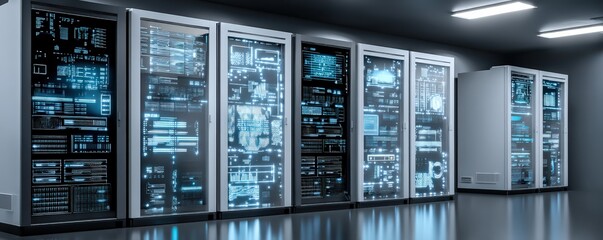 A futuristic server room with multiple high-tech servers featuring glowing interfaces and sleek designs, showcasing advanced technology.