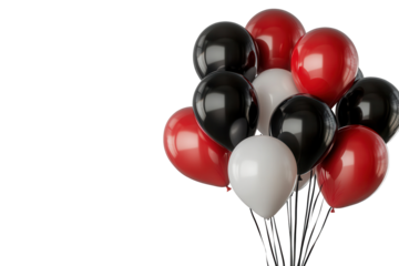 Colorful arrangement of black, red, and white balloons isolated against a transparent background with a festive atmosphere