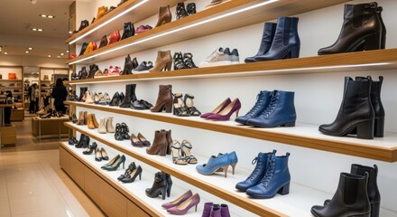 Stylish Women's Footwear Display on Modern Shelves in a Boutique Store