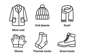 Winter outfit icons set, outline vector illustrations of warm travel clothing and accessories including wool coat, knit beanie, scarf, gloves, thermal socks, snow boots, transparent