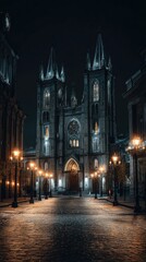 Fototapeta premium Nighttime lit church in cityscape