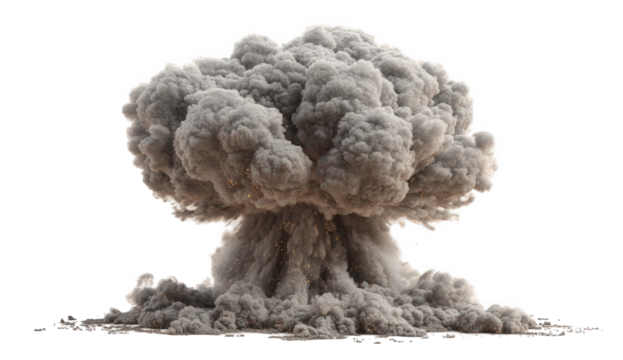 Grey And White Mushroom Cloud Explosion Isolated On Black Background