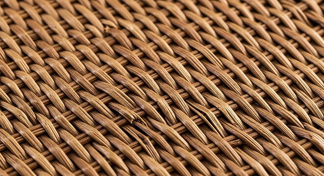 Close-up of natural brown woven rattan texture with rustic handcrafted detail, wicker basket background, organic eco-friendly material design pattern