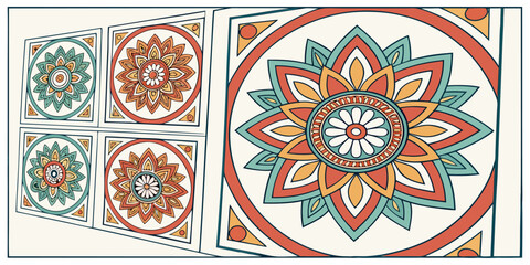A grid of twelve intricate, symmetrical mandalas. Each mandala is a detailed circular design featuring repeating patterns of flowers, leaves, and geometric shapes. Colors include variations of orange,