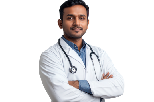 Portrait of a confident doctor wearing a white coat with a stethoscope, showcasing professionalism and readiness to assist in a healthcare environment