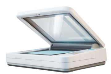 Document scanner with open lid showcasing glossy scanning surface and advanced design for office use, highlighting versatility in digitizing documents