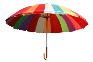 Brightly colored beach umbrella standing tall with a striped canopy, perfect for sun protection at a seaside location on a sunny day