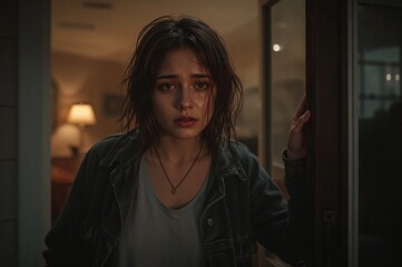 Young woman stepping outside with tears and looking concerned indoors  
