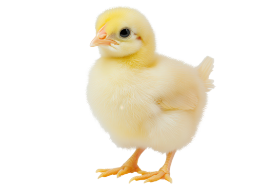 Baby chick standing on a transparent background, showcasing its fluffy yellow feathers and curious expression during early spring days on a farm