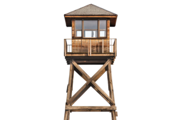 Elevated lookout tower observation post provides panoramic views of surrounding landscape at gigapixel standard for enhanced detail and clarity