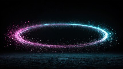 A floating tech halo ring with glowing particles in cyan and magenta tones set against a dark background, symbolizing abstract technology and innovation, rendered in a minimalist 3D rendering style.