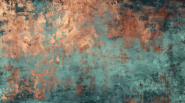 Abstract textured background with a distressed patina of copper and verdigris green showing subtle grid patterns and organic organic elements