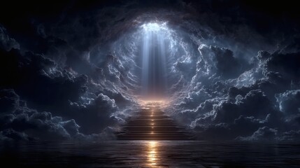 Divine Mystical Stairway to Celestial Light Amid Clouds
