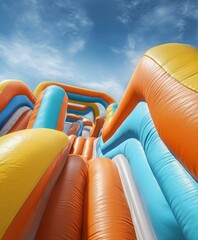 Bright, colorful inflatable slides and obstacles tower against a clear blue sky. The image captures joy, playfulness, and carefree summer energy.
