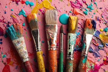 Fototapeta premium Exploring the artistry of paint brushes against a canvas of colorful splashes in a vibrant studio setting