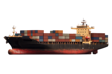Cargo ship with stacked containers shown on a transparent background, highlighting the transport industry and maritime logistics