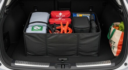 Organized Car Trunk with Emergency Kit, Groceries, and Supplies
