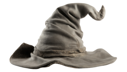 Grey Fabric Witch Hat With Wide Brim on Dark Background