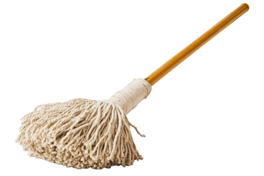 Mop with cotton head and wooden handle on isolated transparent background showcasing detailed fibers and construction