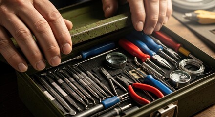 Close-up of Hands Opening a Metal Toolbox Filled with Precision Tools