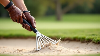 Golf Course Maintenance: Close-up of Raking a Bunker