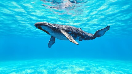 Obraz premium Majestic Humpback Whale Swimming Gracefully in Crystal Clear Blue Ocean Waters