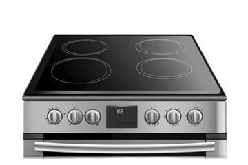 Fototapeta premium Electric stove featuring a smooth glass top with four burners and a digital display for precise temperature control, designed for modern kitchens