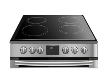 Electric stove featuring a smooth glass top with four burners and a digital display for precise temperature control, designed for modern kitchens