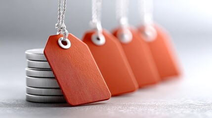 Stacked coins with orange price tags hanging above them, symbolizing commerce and pricing strategies in a minimalist setting.