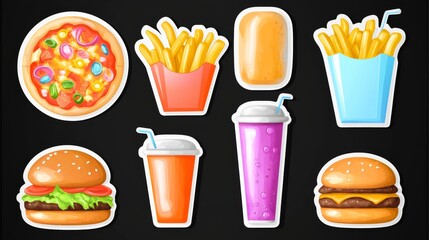 Vibrant Fast Food Icons: Pizza, Fries, Burgers, Drinks - Energetic and Colorful Visuals for Modern Design